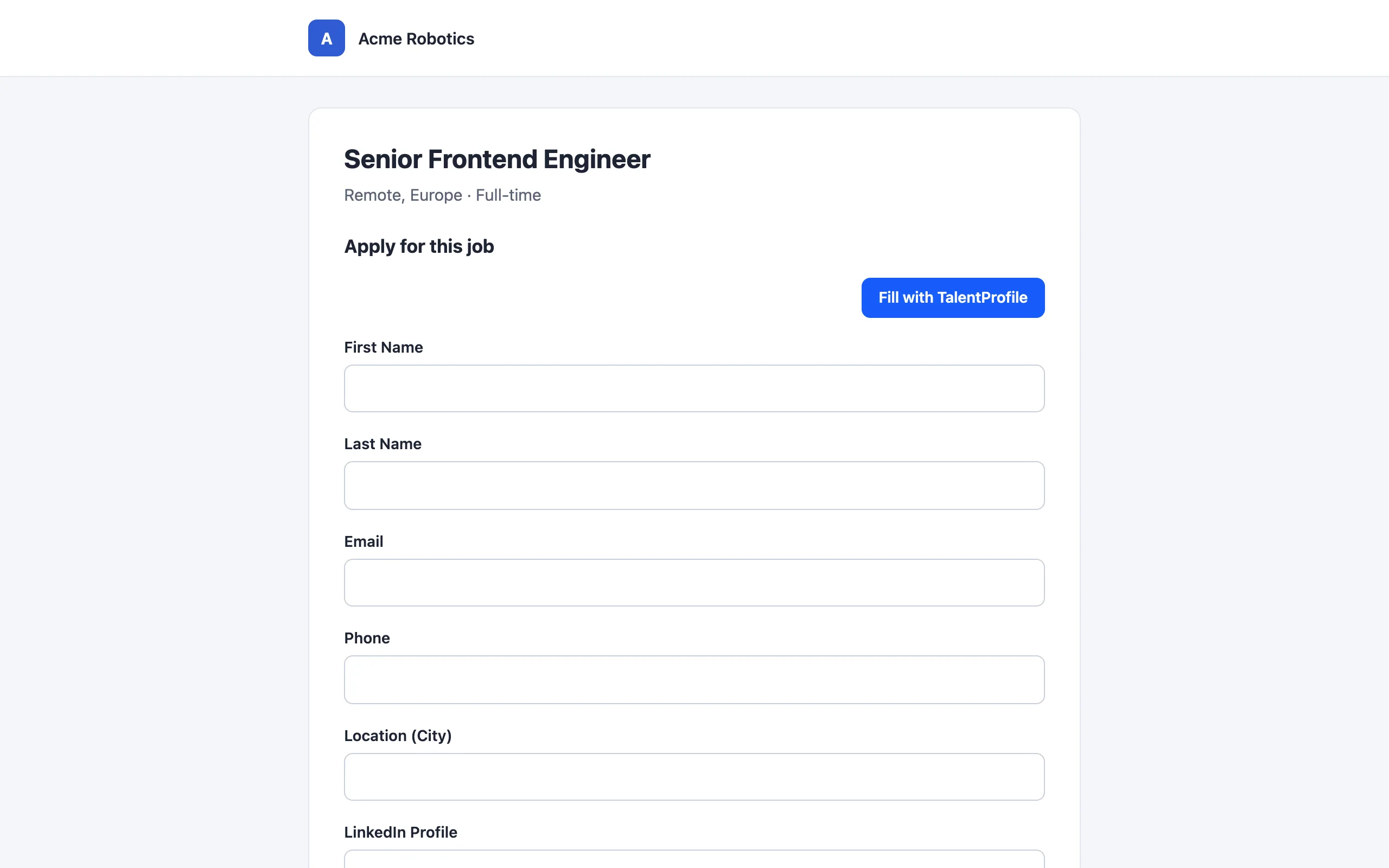 A Fill with TalentProfile button above an empty job application form.