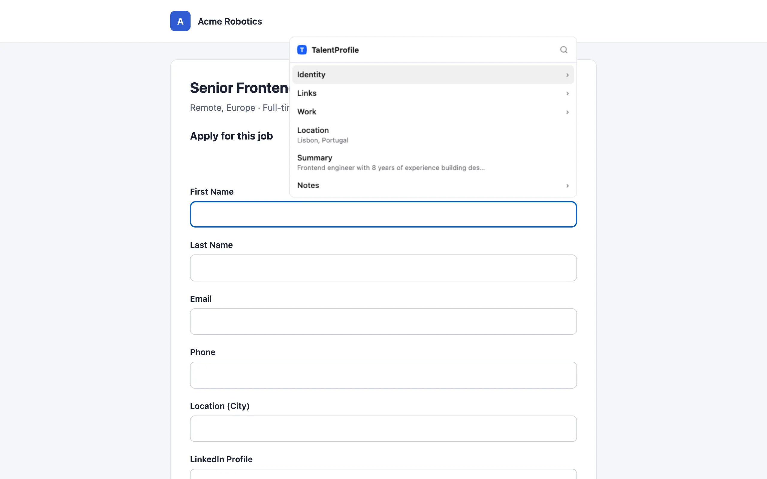 The TalentProfile picker open above a First Name field, with the groups Identity, Links, Work, Location, Summary and Notes.