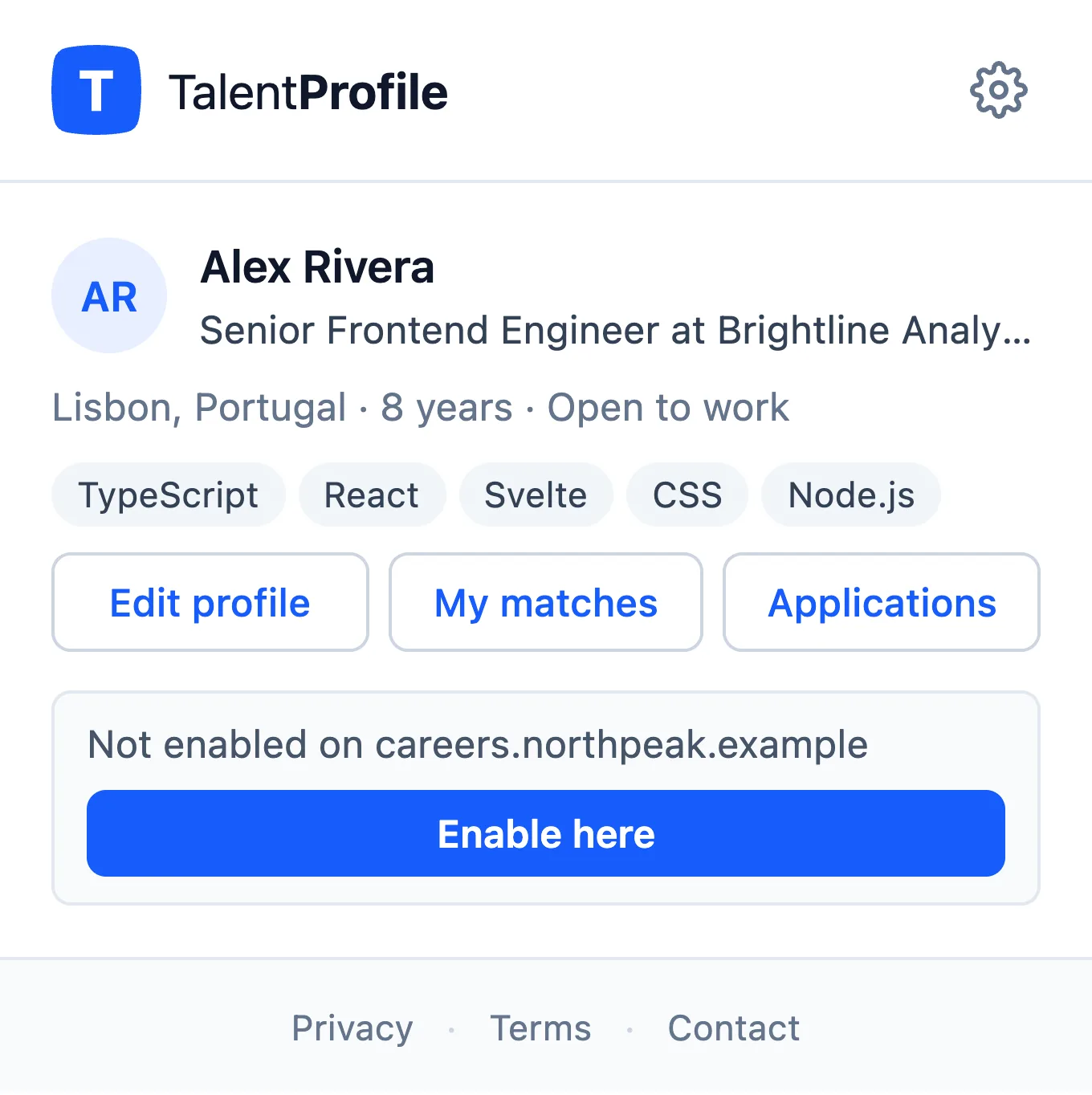 Popup on careers.northpeak.example showing Not enabled on careers.northpeak.example and an Enable here button.