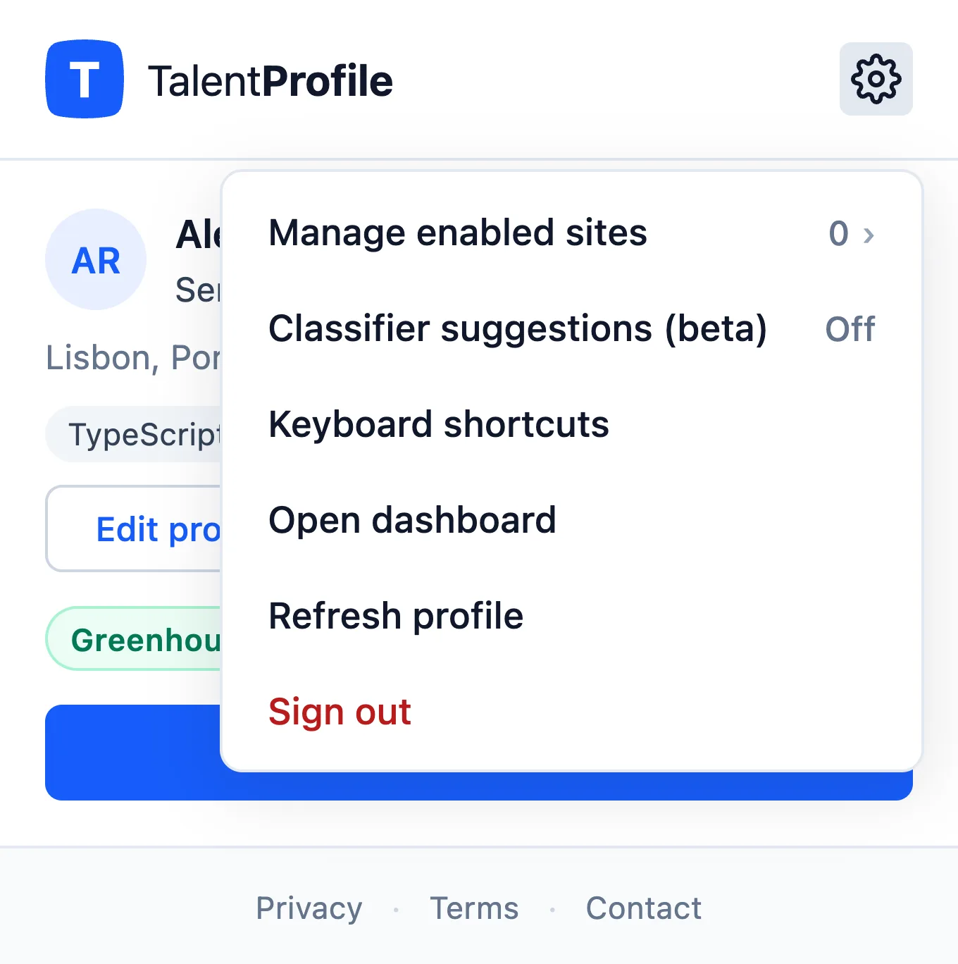 Popup settings menu with Manage enabled sites, Classifier suggestions (beta) set to Off, Keyboard shortcuts, Open dashboard, Refresh profile and Sign out.