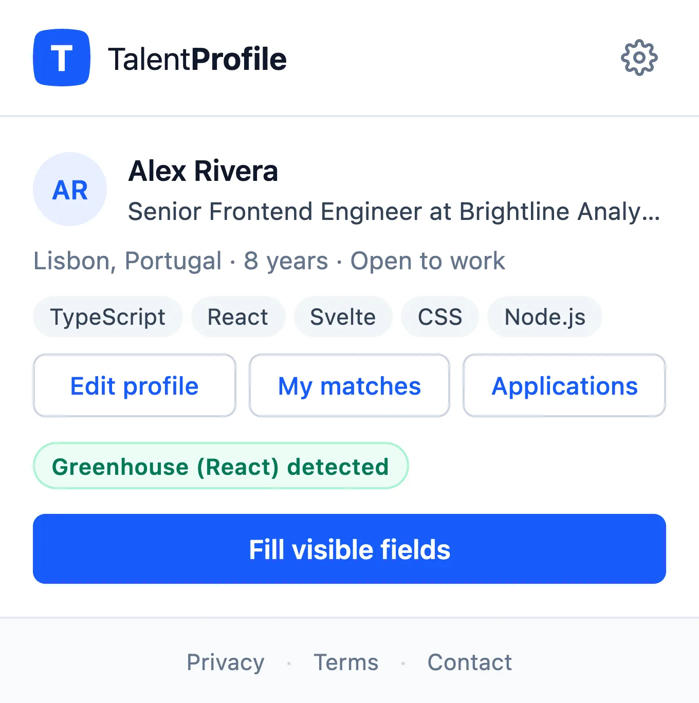 Extension popup showing the profile Alex Rivera, skills, Edit profile, My matches and Applications buttons, a Greenhouse (React) detected badge and a Fill visible fields button.